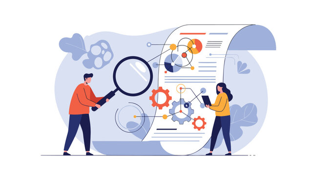 Thorough business audit and document analysis process with professional team examining financial reports and operational data using magnifying glass.