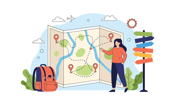 Female traveler planning her adventure using a large world map with pins and a backpack next to a wooden signpost.