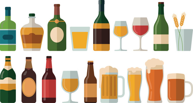 Alcoholic Beverage Collection with Wine Beer Whiskey Bottles and Glasses Flat Vector Illustration Set