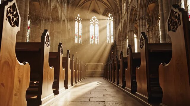 Ancient church interior with wooden pews and light rays filtering through stained glass windows