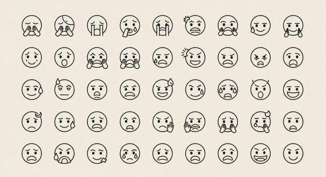 A grid of various simple line-drawn emoticon faces in circular icons displayed on a neutral background viewed directly from above