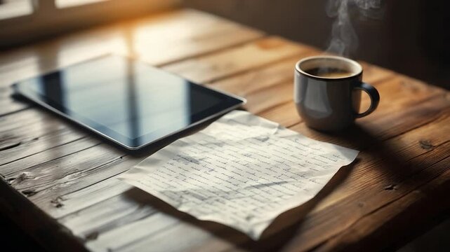 A steamy coffee mug, tablet, and handwritten note rest on a weathered wooden table