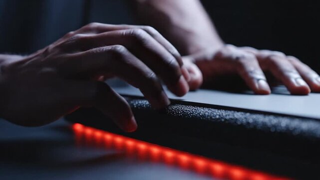 Man's hands interacting with a device illuminated by red LED lights in a dark room