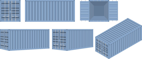 Vector set of blue cargo shipping containers in different perspectives. Clean flat illustration isolated on white, perfect for web design, apps, infographics, logistics and industrial projects. © brovkoserhii