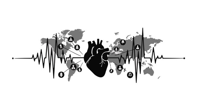 Medical health heart rate ecg monitor world map global wellness concept with black and grey colors