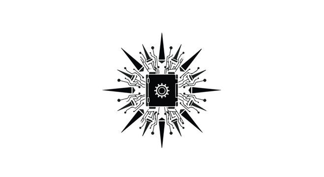 Stylized starburst explosion design element with geometric patterns and shapes in black and white for creative projects and artistic use