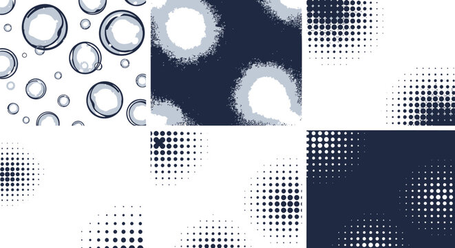Halftone dot pattern backgrounds, navy blue and white textures.