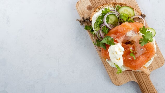 Wooden board featuring a bagel topped with smoked salmon, cream cheese, salad, and cucumber. Light grey backdrop. Blank space
