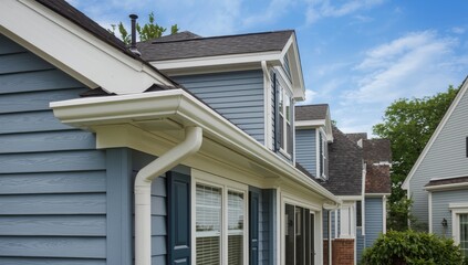 Pacific blue vinyl siding adorns a luxury single-family home in the USA, featuring ventilation systems in the attic, alongside elements like fascia and drip edge