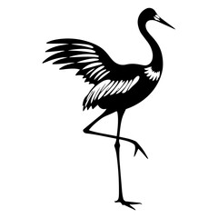 Obraz premium Elegant black silhouette of a standing crane with outstretched wings, isolated on a clean white background, ideal for branding or graphic design.