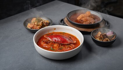 Overhead view of a delicious boiled crab in spicy tomato sauce, served in a white bowl on a gray table with colorful dishes in a contemporary restaurant