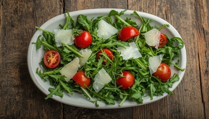 View from above of a wooden table with a salad featuring arugula, tomatoes, and parmesan