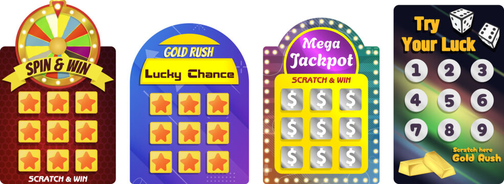 Vibrant lottery and scratch card set with spin and win wheel, mega jackpot board and gold rush concept. Ideal for casino advertising, mobile games, betting platforms and promotional campaigns.