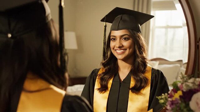 A young woman in a graduation gown and toga hat looks at her reflection in a mirror on graduation day with a joyful smile.