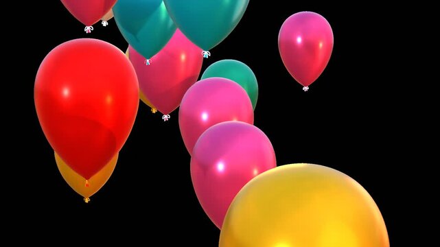 3d animation of multi-colored balloons flying upwards, birthday or anniversary celebration concept. Video with alpha channel