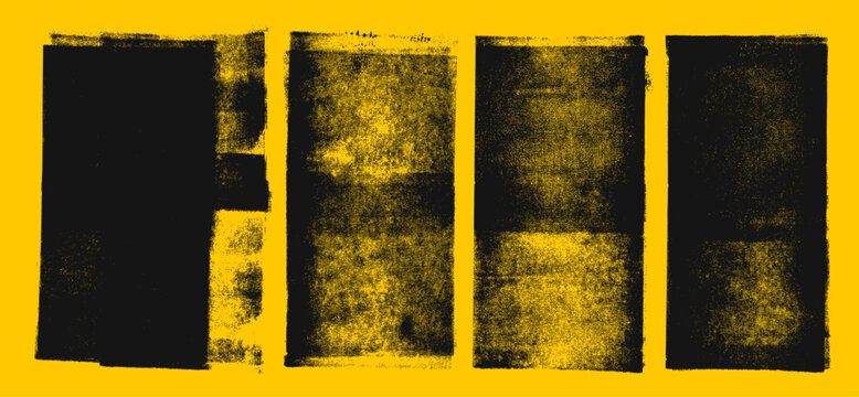 Rough noise dust concrete linocut texture stamp collection. Hand drawn block ink roller printing texture on yellow bg. Distress ink paint grunge effect for retro or vintage aged design template.