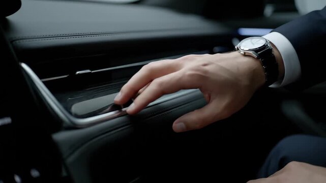 a hand tracing the stitched leather and reclaimed wood dashboard of a luxury electric vehicle, highlighting tactile craftsmanship, sustainable materials, and sophisticated ambient lighting.