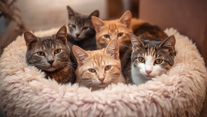 Felines snuggled in a plush bed at a cat caf&eacute;
