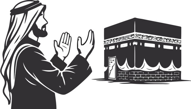 Man in traditional attire praying towards the Kaaba in Mecca, an illustration of a sacred Islamic ritual