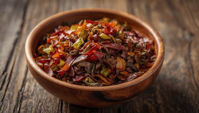 Dried marine algae blend in a wooden bowl&mdash;dulse, sea lettuce, and nori. Natural iodine-rich seasoning for soups, salads, and more