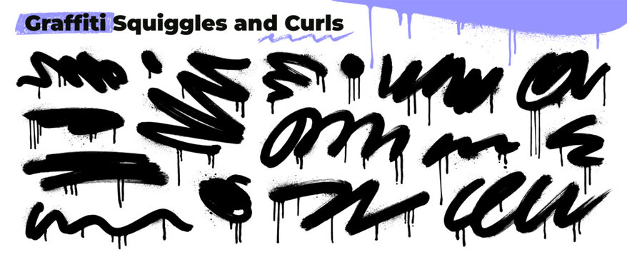 Graffiti spray paint squiggly lines with drips and paint splatters. Curly strokes with loops, bold brush drawn underlines, and blots. Aerosol effect grunge clip art. Hand drawn street art elements.