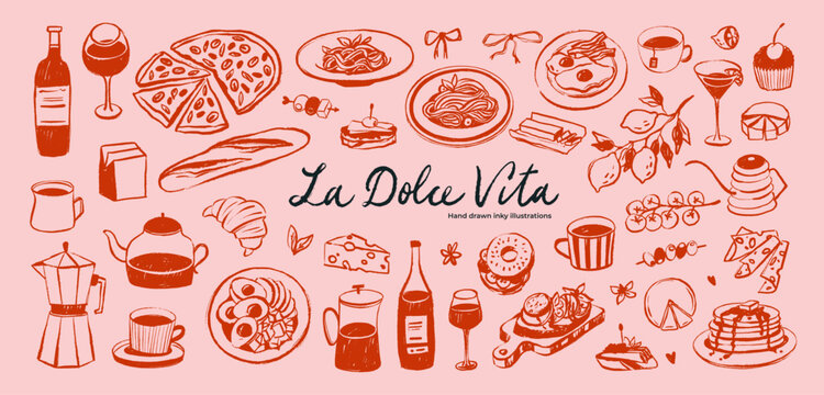Hand drawn Italian whimsical doodle sketch clip art. Vintage La dolce vita (sweet life in Italian) icons. Crayon or brush drawn cheese, coffee cup, glass of wine with pasta, eggs or cheese.
