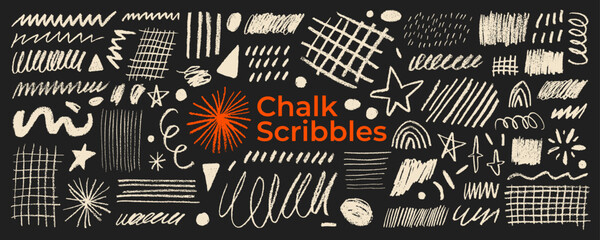 Scribble chalk doodle collection. White crayon or pastel pencil drawing, squiggles, underlines, whimsical doodle lines on blackboard background. Rough chalk sketchy smears and scribbles, stars, grid. © Anastasiia Hevko