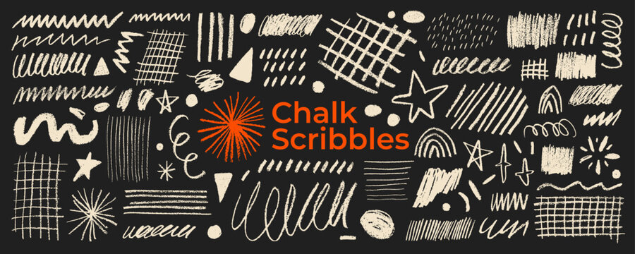 Scribble chalk doodle collection. White crayon or pastel pencil drawing, squiggles, underlines, whimsical doodle lines on blackboard background. Rough chalk sketchy smears and scribbles, stars, grid.