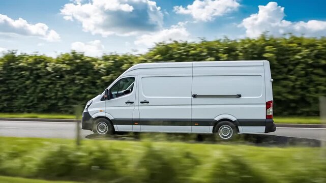 White delivery van driving on a road with green bushes in the background during the day
