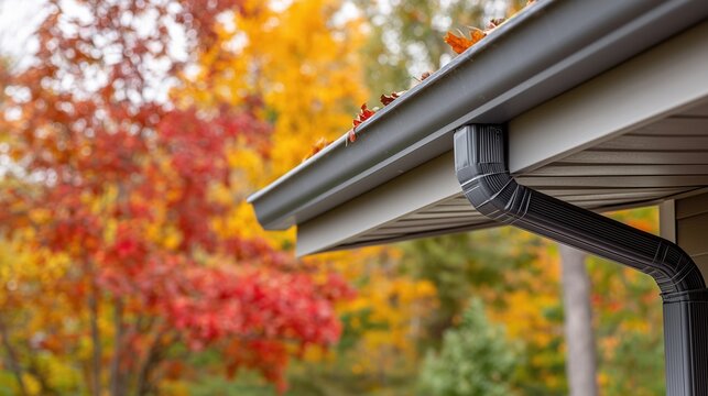 Gray zinc gutter installed on house exterior during fall season 