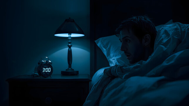 Man wide awake in bed at 3 AM, unable to sleep, illuminated by a bedside lamp in a dark room.