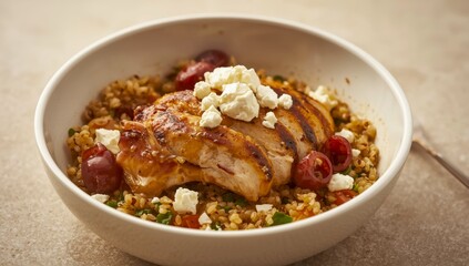 Greek-style lunch bowl with chicken, quinoa, feta, and olives
