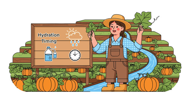 Farmer Explaining Hydration Timing in Pumpkin Patch Illustration.