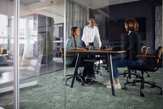 Business partners having meeting in cabin at office