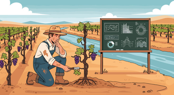 Farmer Inspecting Grapevine with Data Analysis Board in Vineyard.