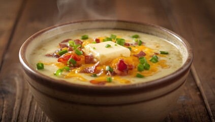Rich potato soup with bacon, cheese, and green onions