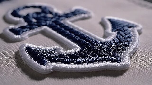 Navy blue embroidered anchor on white fabric background.