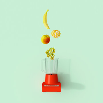 3d rendering of blender with flying fruits for healthy lifestyle