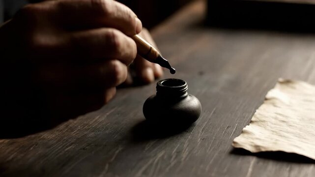 an Arab calligrapher's hand dipping a bamboo qalam into ink and executing a fluid stroke on handmade paper, symbolizing cultural heritage, artistic precision, and the timeless beauty of Islamic art.