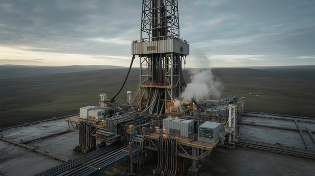Cinematic Aerial View of Massive Oil Drilling Rig in Remote Landscape Photo