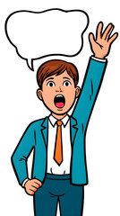 Cartoon Businessman with Raised Hand and Speech Bubble