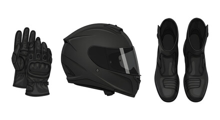 Motorcycle rider safety gear: black helmet, gloves, and boots, for speed and protection