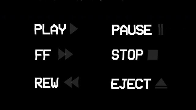 Looping VHS control icons showing play, rewind, forward, pause, stop and eject with analog style. Built as transparent overlay. Perfect for retro UI and tape effects.