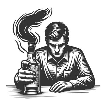man at a table, his hand seized by a smoky claw rising from a whiskey bottle, symbolizing addiction sketch engraving generative ai raster illustration. Scratch board imitation. Black and white image.