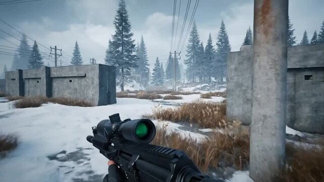 Winter military sniper game scene with snow-covered terrain and concrete bunkers