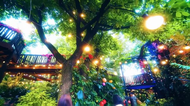A lush, layered scene of a tree canopy illuminated with string lights,  overlooking wooden balconies