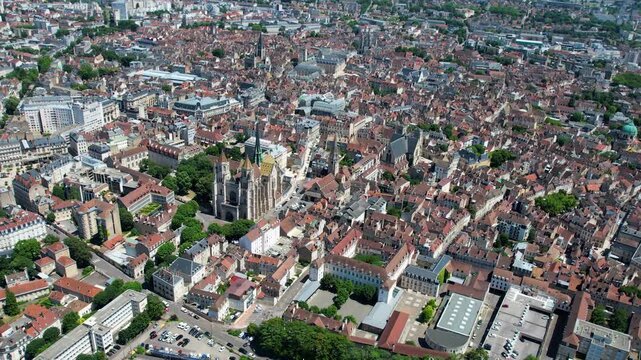 An Aerial panoramic view of the old town of the city Dijon on a sunny summer noon in France.
