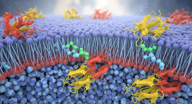 Cell membrane structure with proteins and lipids in scientific illustration detailed molecular model