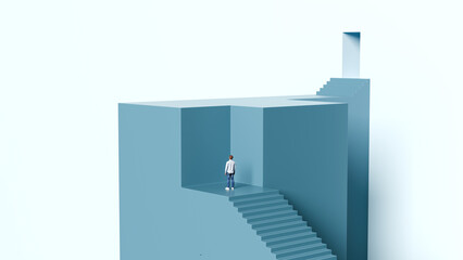 Man standing at the top of a staircase blocked by a solid wall looking toward a door located above him representing career plateau and limited growth, 3d render