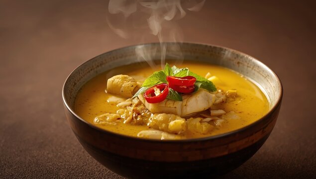 Spicy sour southern soup with yellow curry, bamboo shoots, and catfish